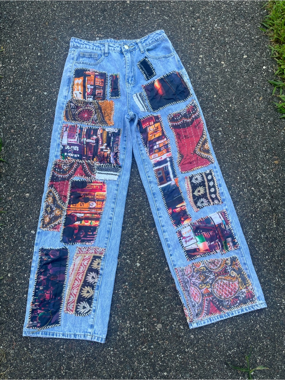 OOAK reworked patchwork Light Blue Women’s Jeans - Upcycled Boho Printed Panel